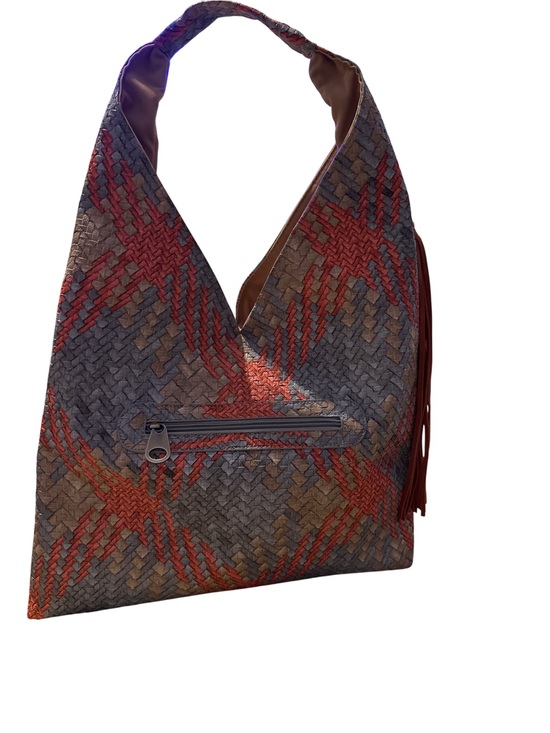 Handbags - Woven Pattern Hobo Bag in Rust and Gray - Soft Shoulder Tote